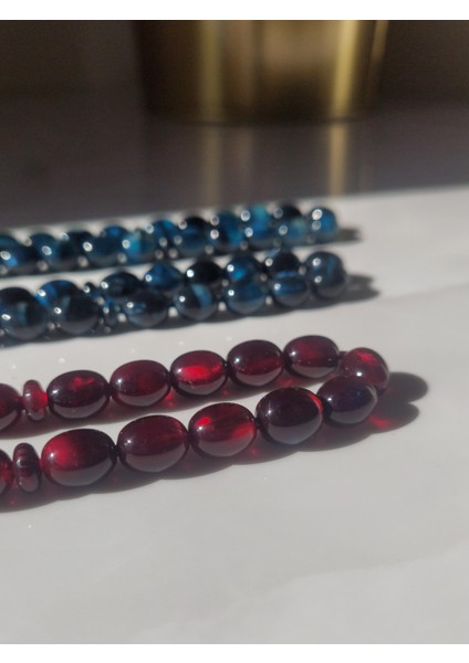 Hareli Sıkma Kehribar Tesbih, 8 x 10 mm, Beyzi Kesim, Örgü Saçak Püskül