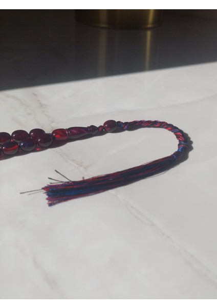 Hareli Sıkma Kehribar Tesbih, 8 x 10 mm, Beyzi Kesim, Örgü Saçak Püskül