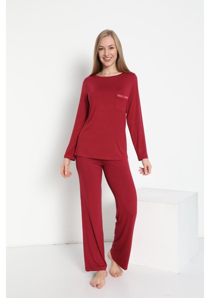 Kadın Uzun Kol Bisiklet Yaka Bordo Mürdüm Pijama Takımı C9T3N5O-048