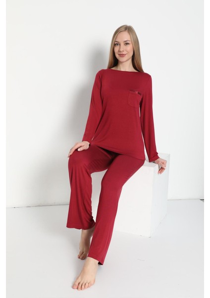 Kadın Uzun Kol Bisiklet Yaka Bordo Mürdüm Pijama Takımı C9T3N5O-048 modelleri