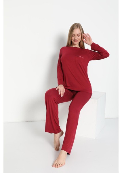 Kadın Uzun Kol Bisiklet Yaka Bordo Mürdüm Pijama Takımı C9T3N5O-048 fırsatları
