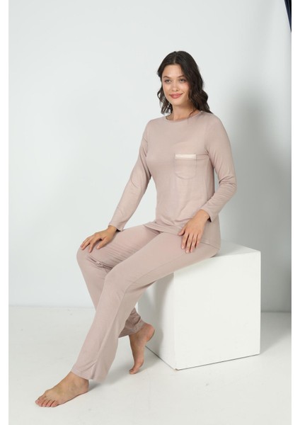 Kadın Uzun Kol Bisiklet Yaka Viskon Taş Pijama Takımı C9T3N5O-048
