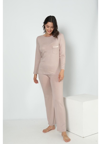Kadın Uzun Kol Bisiklet Yaka Viskon Taş Pijama Takımı C9T3N5O-048