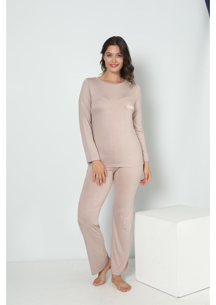 Kadın Uzun Kol Bisiklet Yaka Viskon Taş Pijama Takımı C9T3N5O-048
