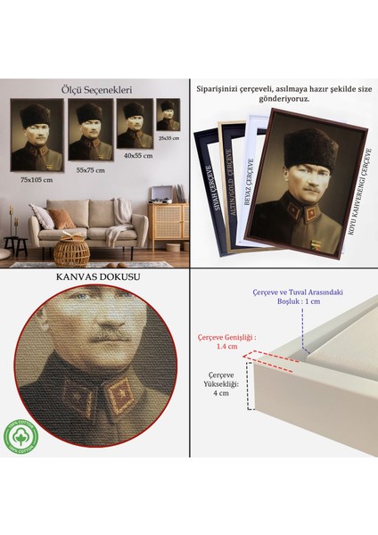 Çerçeveli Atatürk Portre Tablosu Mustafa Kemal Atatürk Dikdörtgen Dekoratif Kanvas Tablo-61