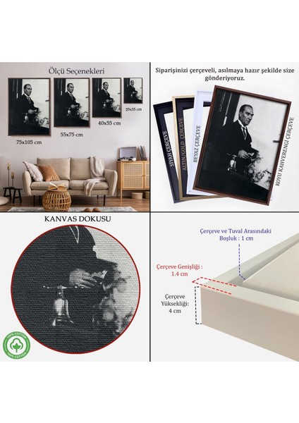Çerçeveli Atatürk Portre Tablosu Mustafa Kemal Atatürk Dikdörtgen Dekoratif Kanvas TABLO-148