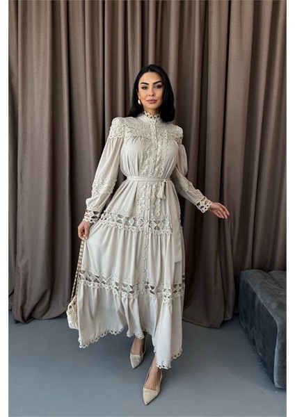 Dipmoda Kadın Uzun Dantel Detaylı Tasarım Elbise DPMS42110