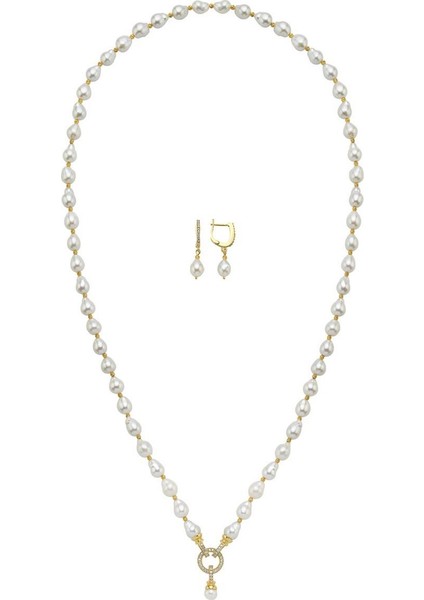 925 Ayar Gümüş Zirkon Taşlı Halka Kilitli Doğal Damla Inci Küpe Kolye Ikili Set