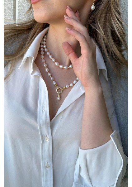 925 Ayar Gümüş Zirkon Taşlı Halka Kilitli Doğal Damla Inci Küpe Kolye Ikili Set modelleri