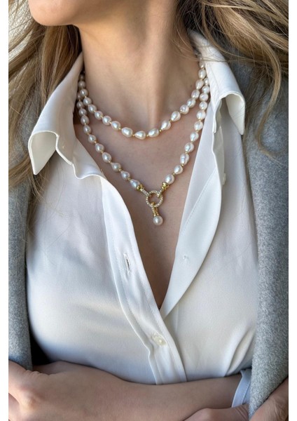 925 Ayar Gümüş Zirkon Taşlı Halka Kilitli Doğal Damla Inci Küpe Kolye Ikili Set fırsatları