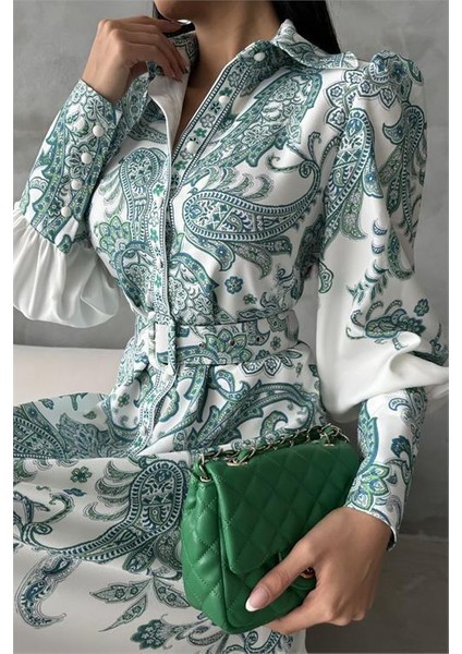 Dipmoda Kadın Kemerli Uzun Desenli Gömlek Elbise DPMS4220