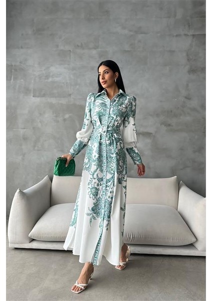 Dipmoda Kadın Kemerli Uzun Desenli Gömlek Elbise DPMS4220 fiyatları