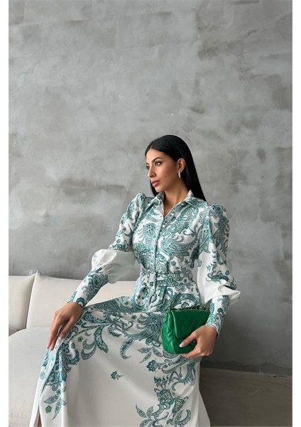 Dipmoda Kadın Kemerli Uzun Desenli Gömlek Elbise DPMS4220 modelleri