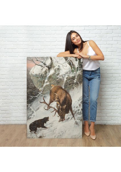 Carl Friedrich Deiker - Kraliyet Geyiğini Yakalayan Tazı Tablo - Hound Catching A Royal STAG-7331 fiyatları