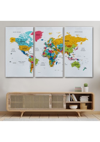 Türkçe Dünya Haritası Dekoratif Kanvas Tablo Son Derece Detaylı 1628 modelleri