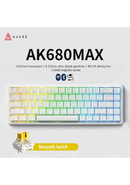 Ajazz AK680 Max%68 Manyetik Switch, 3000MAH Batarya 8k Polling Rate Kablosuz Manyetik Klavye Rgb Arkadan Aydınlatmalı Özelleştirilebilir Tuşlar
