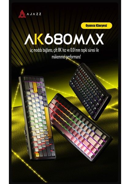Ajazz AK680 Max%68 Manyetik Switch, 3000MAH Batarya 8k Polling Rate Kablosuz Manyetik Klavye Rgb Arkadan Aydınlatmalı Özelleştirilebilir Tuşlar