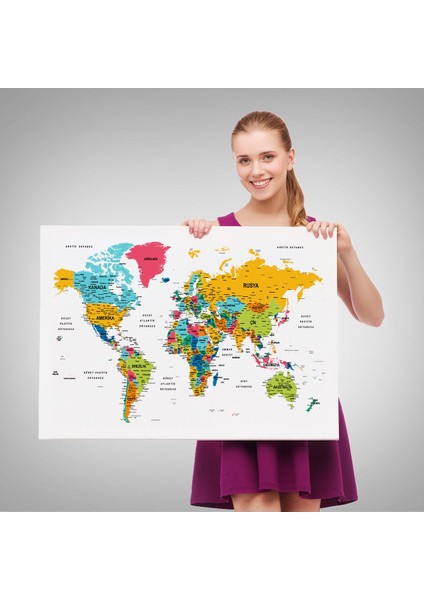 Türkçe Dünya Haritası Dekoratif Kanvas Tablo Son Derece Detaylı 1628 fırsatları