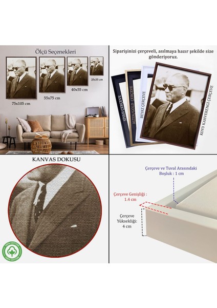 Çerçeveli Atatürk Portre Tablosu Mustafa Kemal Atatürk Dikdörtgen Dekoratif Kanvas TABLO-143