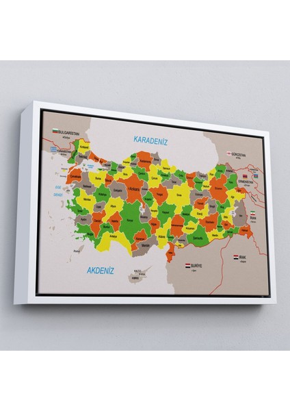 Çerçeveli Türkiye Haritası Kanvas Tablo Sınır Komşulu Eğitici Dekoratif TABLO-3083
