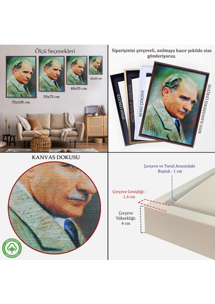 Çerçeveli Atatürk Portre Tablosu Mustafa Kemal Atatürk Dikdörtgen Dekoratif Kanvas Tablo-62