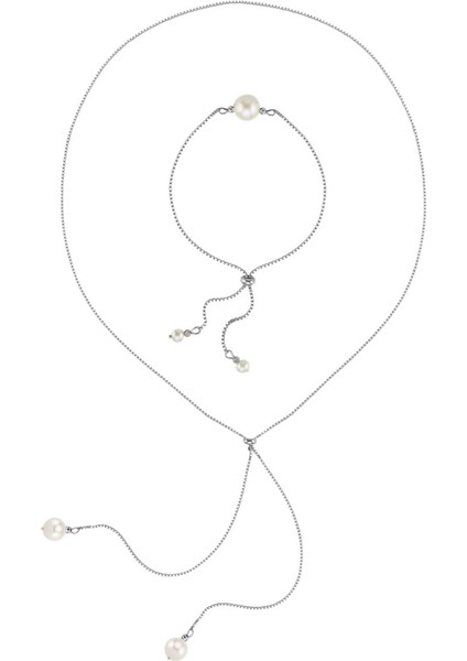 14 Ayar Altın 9 mm Asansörlü Doğal İnci Kolye Bileklik İkili Set