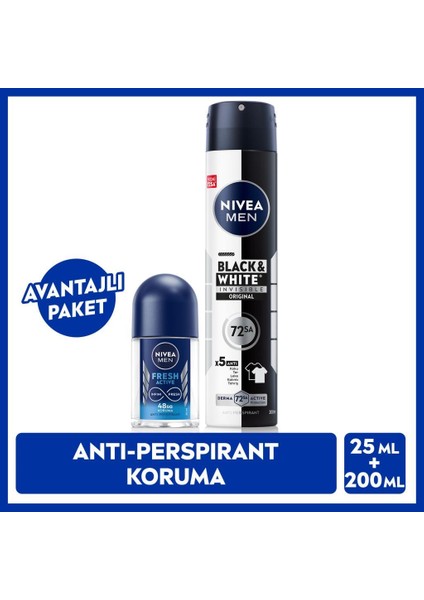 Men Erkek Sprey Deodorant Black & White Invisible Original 200 ml ve Fresh Active Mini Roll-On 25