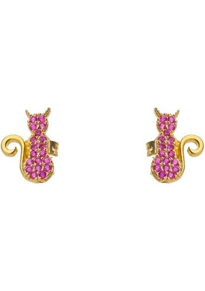 925 Ayar Gümüş Gold Renk Fuşya Taşlı Kedi Küpe indirimleri