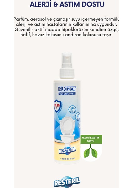 Resteril Klozet Kapağı Dezenfektan Sprey %99.99 Sterilizasyon Seyahat Boyu Hijyen Spreyi 200 ml