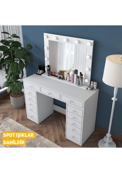 BJ119 Hollywood Işıklı Aynalı Kulis Makyaj Masası 13 Çekmeceli Takı Düzenleyici Beyaz
