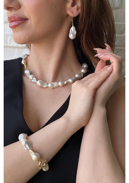 925 Ayar Gümüş 22 mm Barok İnci Kolye Bileklik Küpe Üçlü Set