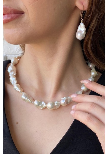 925 Ayar Gümüş 22 mm Barok İnci Kolye Bileklik Küpe Üçlü Set