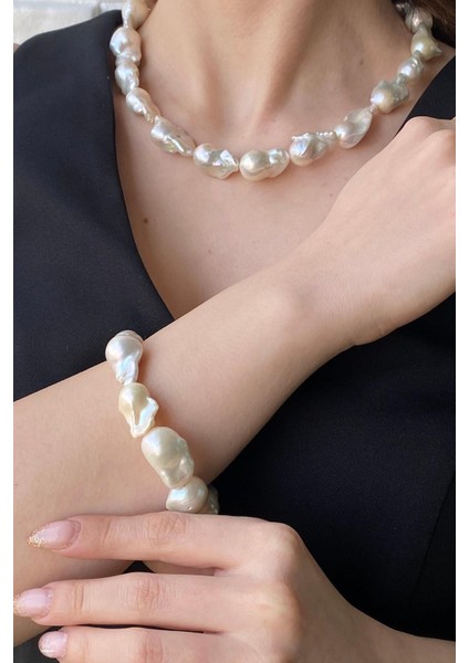 925 Ayar Gümüş 22 mm Barok İnci Kolye Bileklik Küpe Üçlü Set