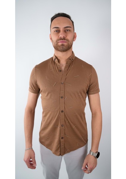 Erkek Desenli Kahve Kısa Kol Gömlek