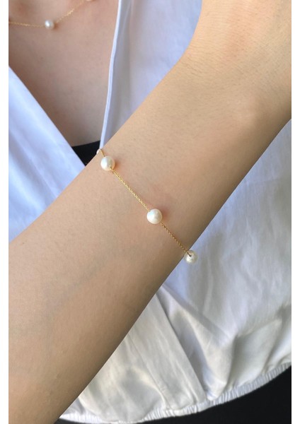 14 Ayar Altın 6 mm Çıtır Doğal İnci Zincir Kolye Bileklik İkili Set