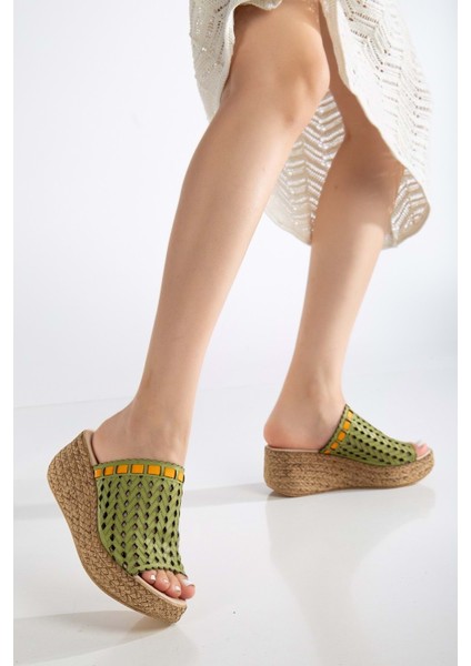 Kadın Deri Lazerli Dolgu Topuk Terlik - Fıstık Yeşili fiyatları