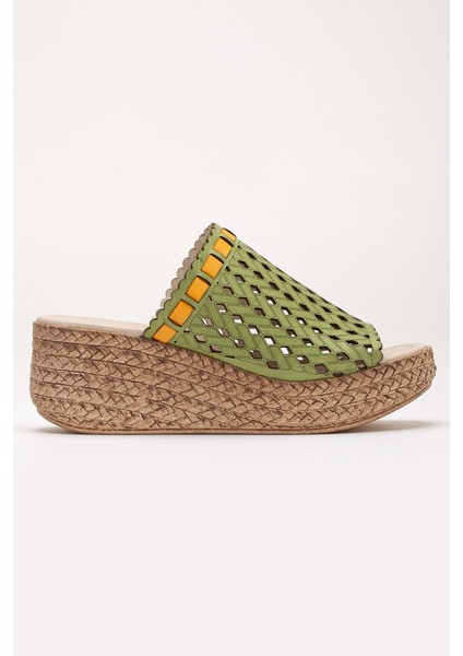 Kadın Deri Lazerli Dolgu Topuk Terlik - Fıstık Yeşili modelleri