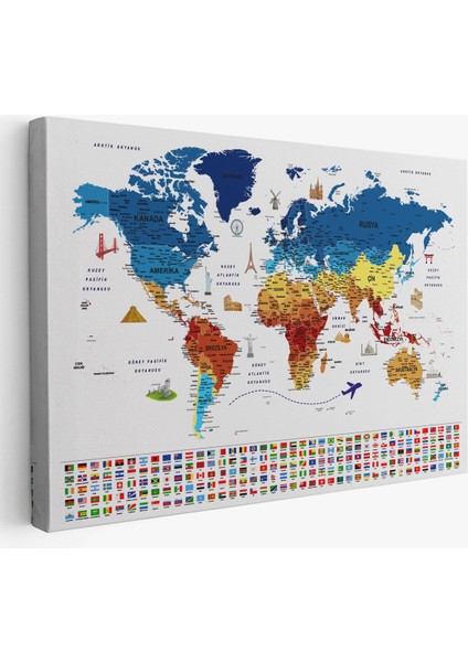 Türkçe Dünya Haritası Eğitici-Öğretici Sembollü Bayraklı Dekoratif Kanvas Tablo 2820