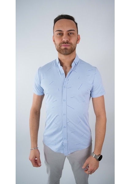Erkek Desenli Buz Mavi Kısa Kol Gömlek