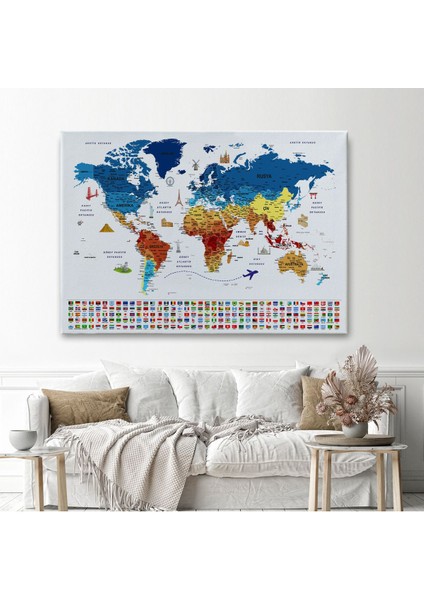 Türkçe Dünya Haritası Eğitici-Öğretici Sembollü Bayraklı Dekoratif Kanvas Tablo 2820 fiyatları