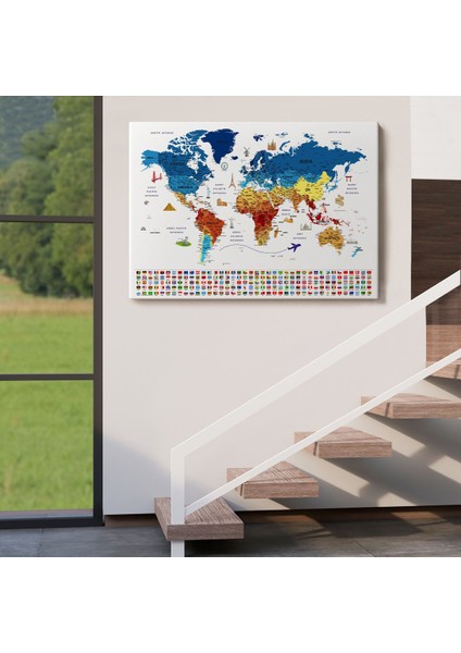 Türkçe Dünya Haritası Eğitici-Öğretici Sembollü Bayraklı Dekoratif Kanvas Tablo 2820 indirimleri