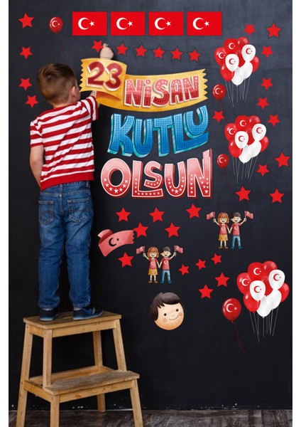 | 23 Nisan Sticker Süs Seti - 50 Parça Duvar ve Cam Süsü | 30X100 cm Çocuk Dekoru