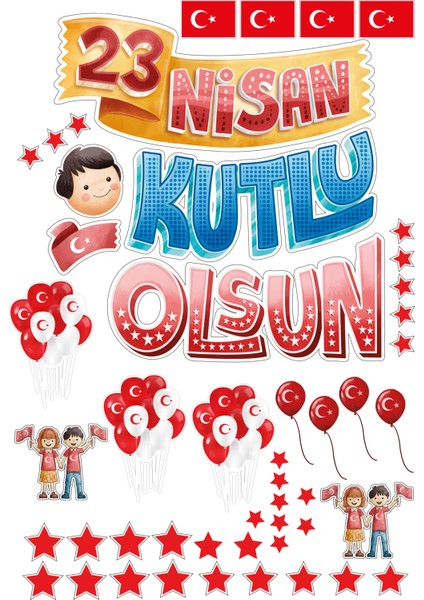 | 23 Nisan Sticker Süs Seti - 50 Parça Duvar ve Cam Süsü | 30X100 cm Çocuk Dekoru
