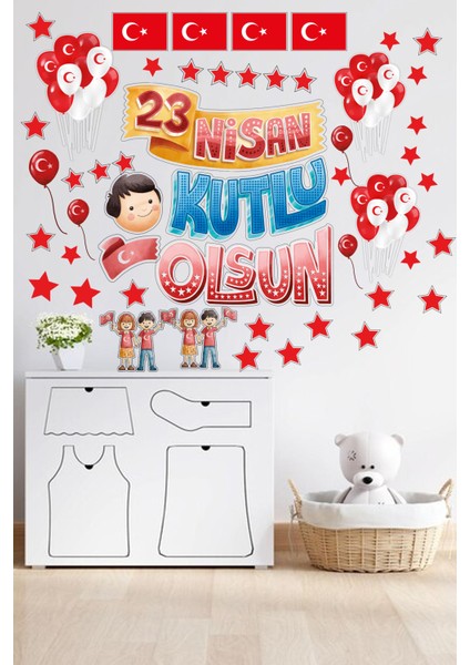 | 23 Nisan Sticker Süs Seti - 50 Parça Duvar ve Cam Süsü | 30X100 cm Çocuk Dekoru