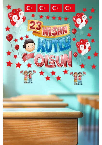 | 23 Nisan Sticker Süs Seti - 50 Parça Duvar ve Cam Süsü | 30X100 cm Çocuk Dekoru