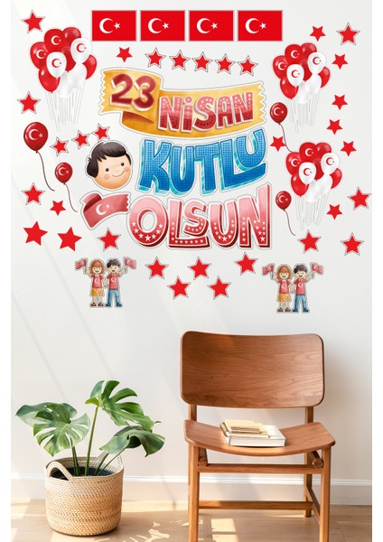 | 23 Nisan Sticker Süs Seti - 50 Parça Duvar ve Cam Süsü | 30X100 cm Çocuk Dekoru