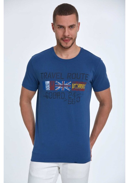 Lotus Baskılı Erkek Tişört Lacivert