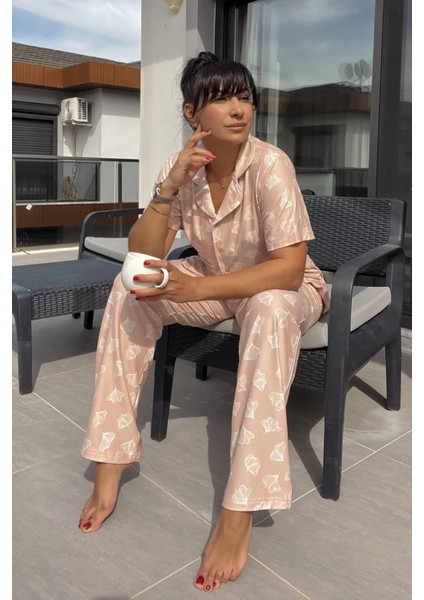 Pudra Önden Düğmeli Pijama Takımı