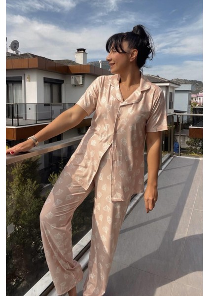 Pudra Önden Düğmeli Pijama Takımı