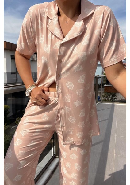 Pudra Önden Düğmeli Pijama Takımı